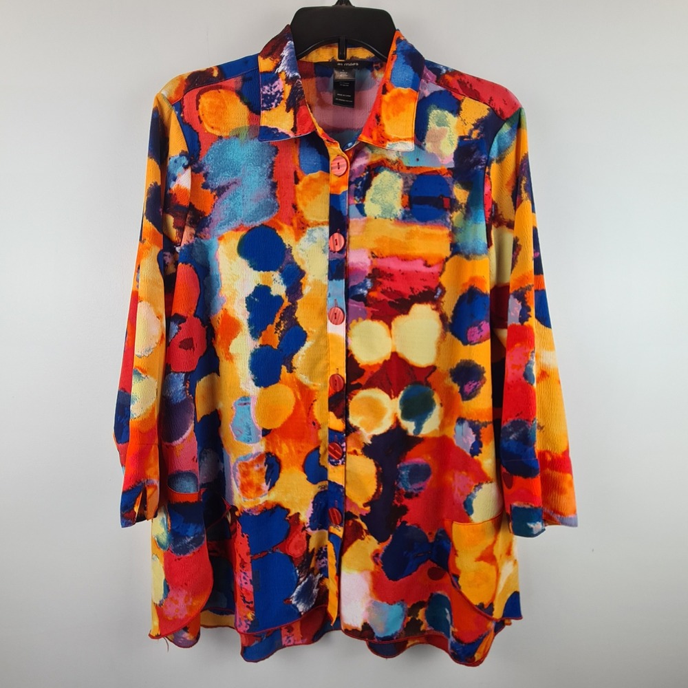 Ali Miles Womens Large Multicolor Abstract Watercolor Button Front Tunic Top Art